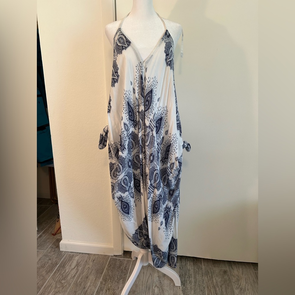 Blue and White Paisley Harem Jumpsuit with Pockets